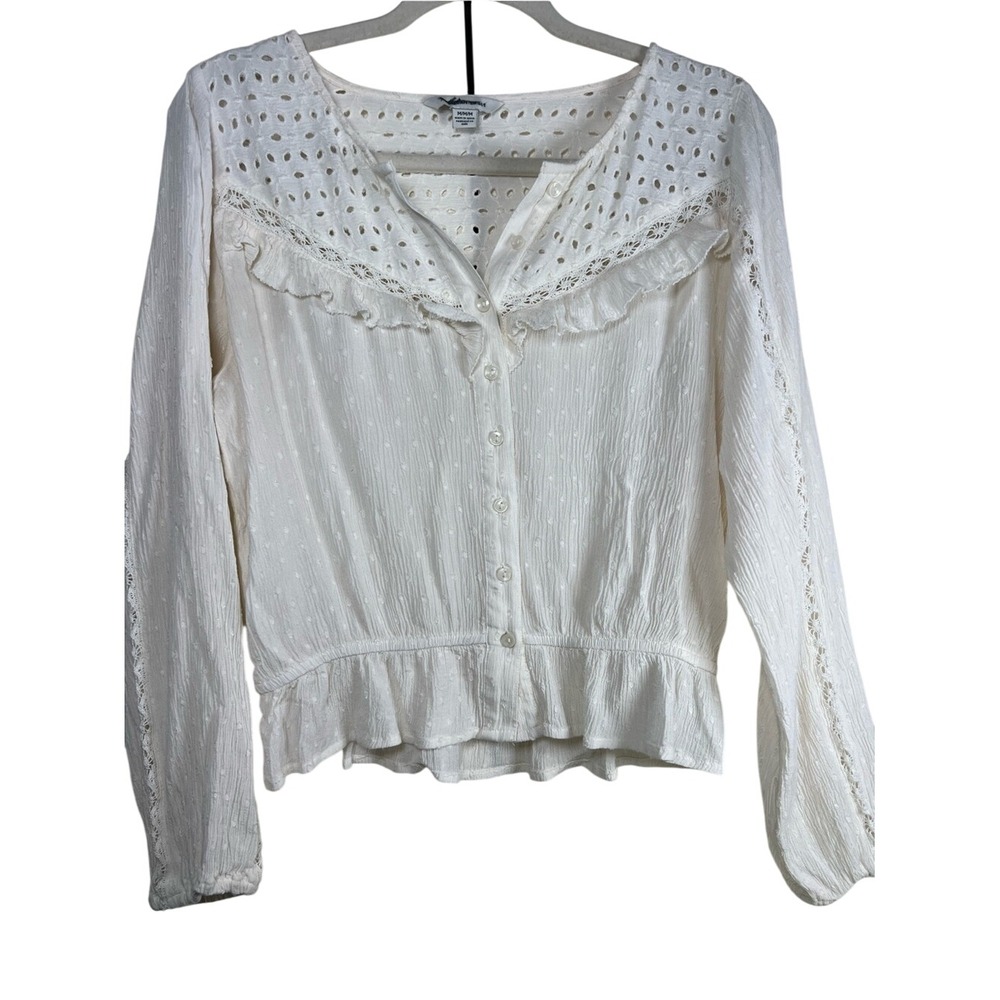 American Eagle Cream Eyelet Ruffle Boho Peplum Blouse Size Medium - Picture 2 of 10